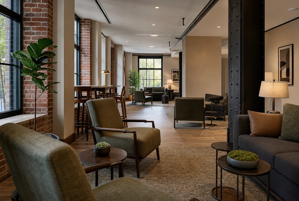 Ohio hotel lounge furniture with coordinated seating and tables.