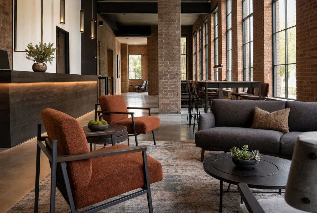 Pennsylvania hotel lounge furniture with coordinated seating and tables.