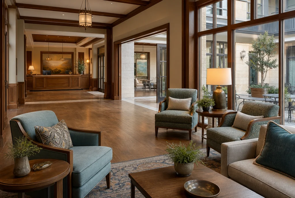 South Carolina hotel lobby furniture with coordinated seating and tables.