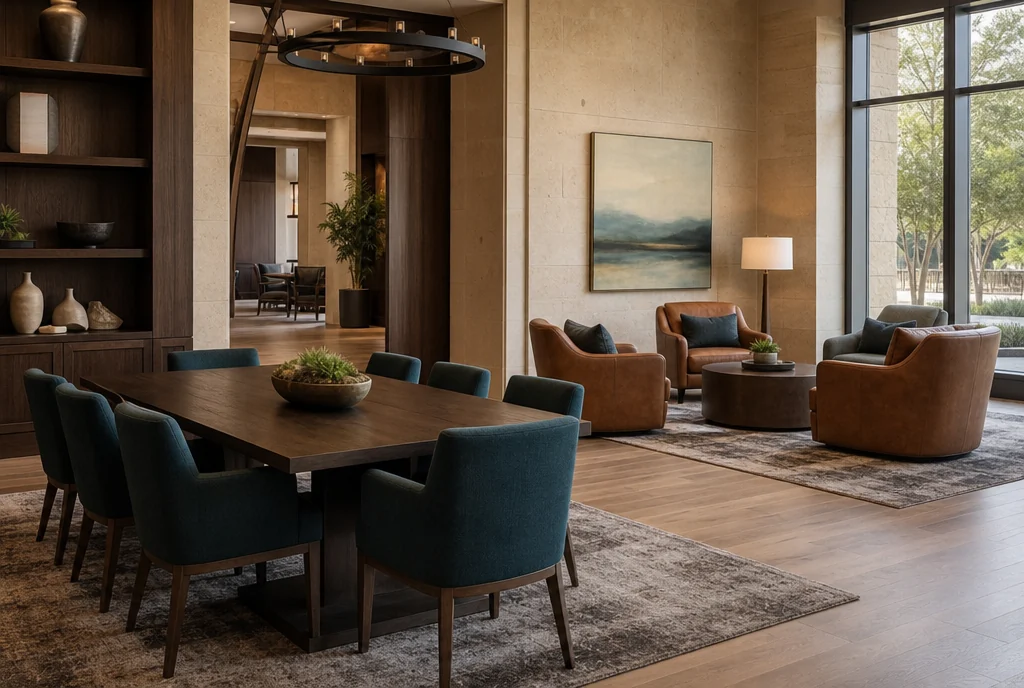 Texas hotel lounge furniture with coordinated seating and tables.