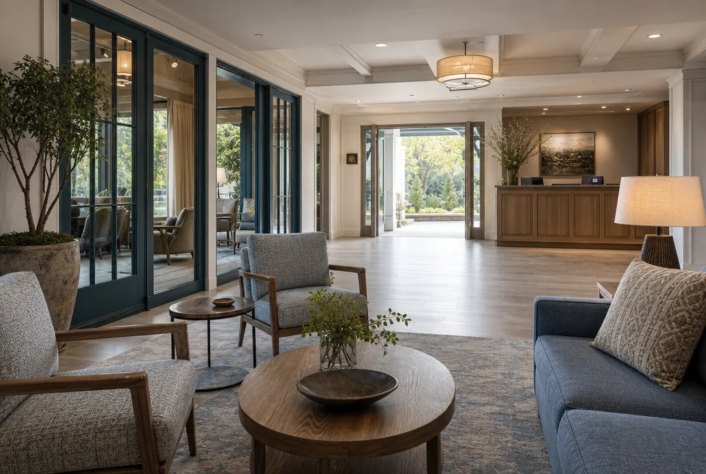 Virginia hotel lobby furniture with coordinated seating and tables.
