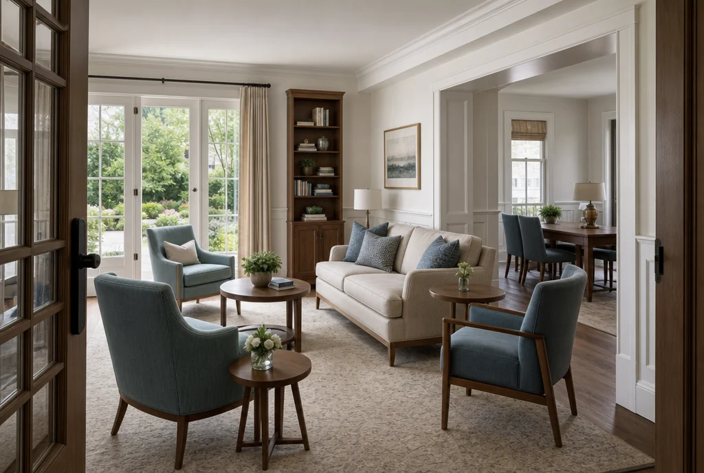 Virginia hotel lounge furniture with coordinated seating and tables.