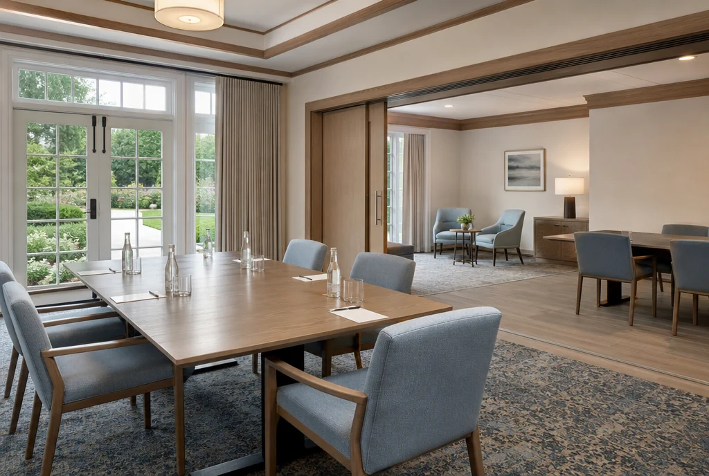 Virginia hotel meeting furniture with coordinated seating and tables.