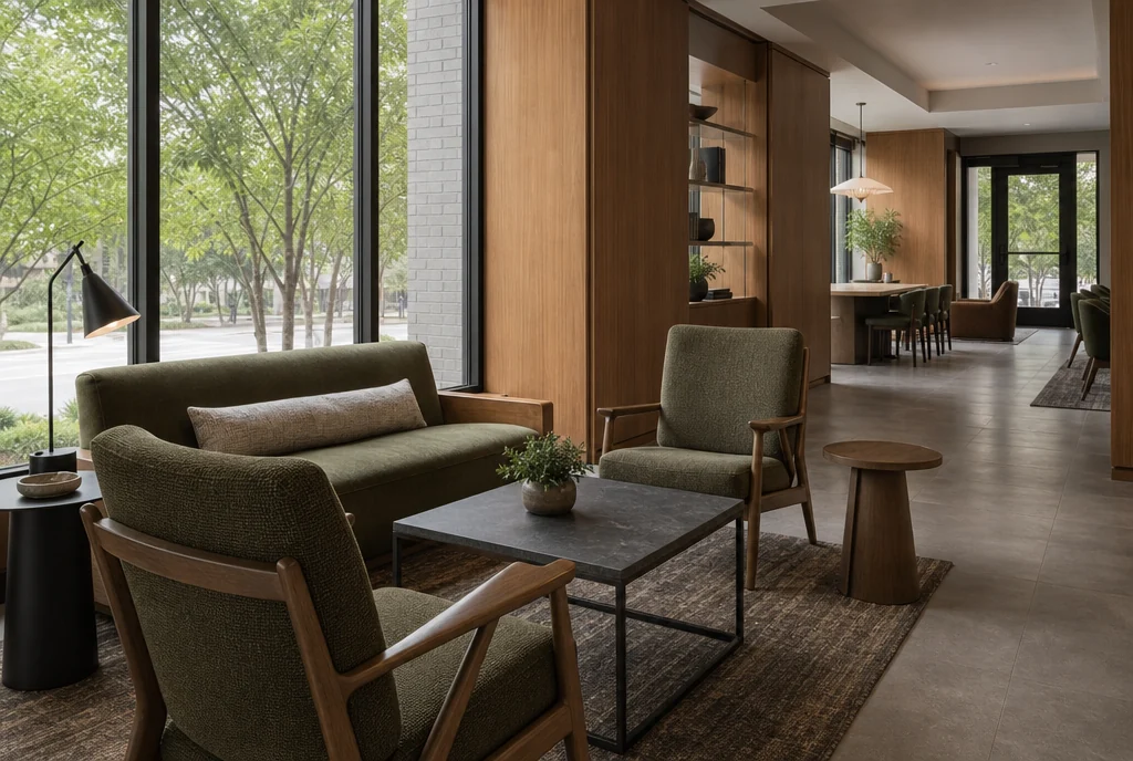 Washington hotel lounge furniture with coordinated seating and tables.